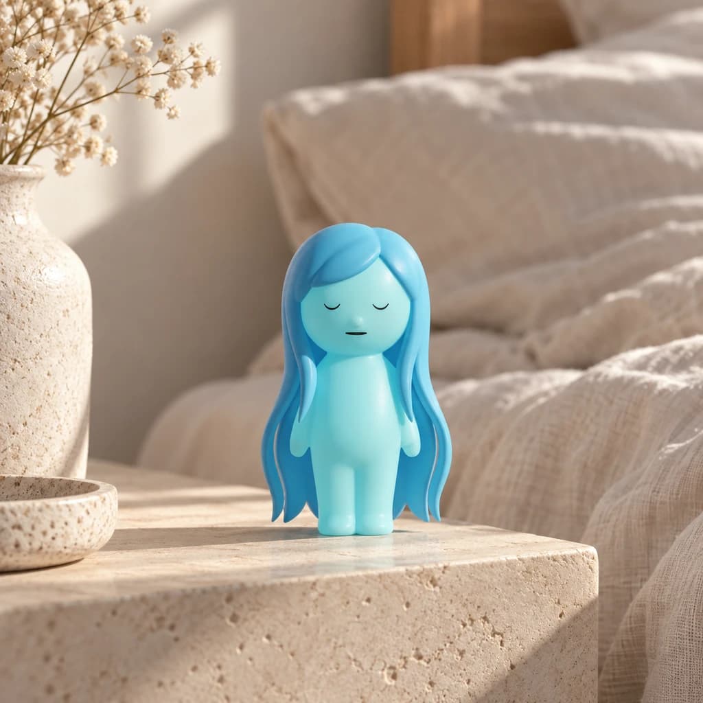 Cyan Mundo with long blue hair beside linen in natural daylight