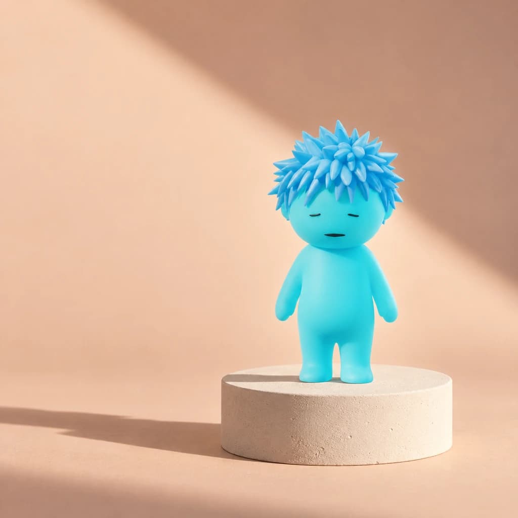 Cyan Mundo with icy-blue spiky hair on a sunlit cream plinth