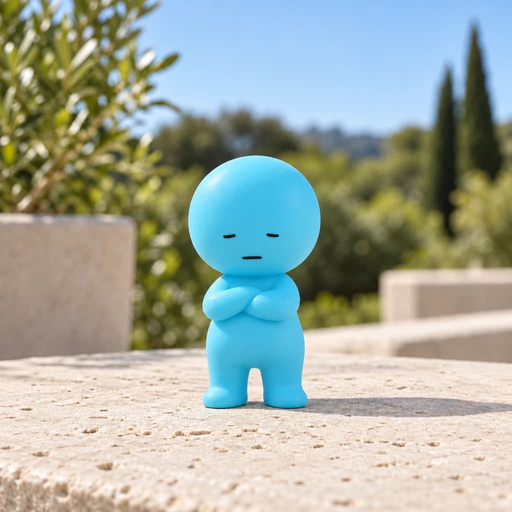 Cyan bald Mundo on pale travertine with a blurred garden beyond in clear midday daylight