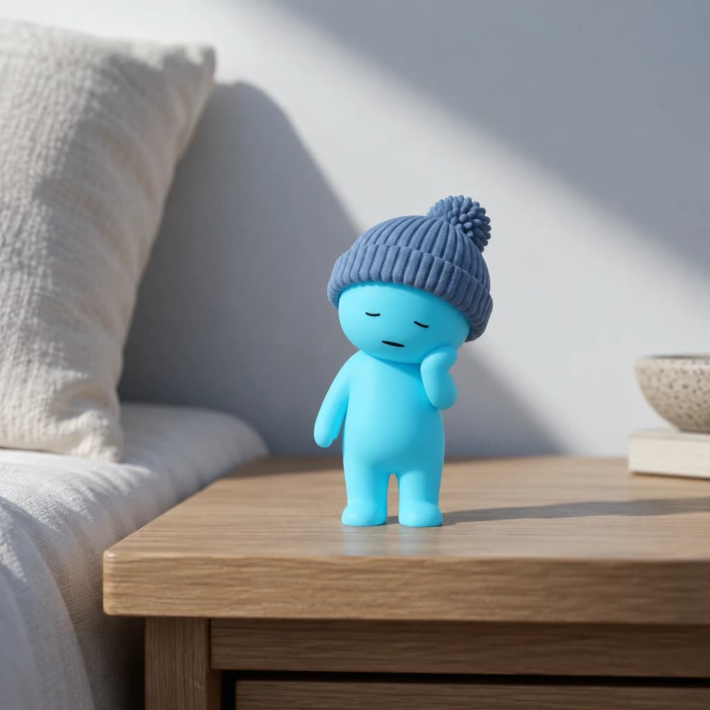 Cyan beanie Mundo on pale wooden bedside ledge with soft neutral linen behind in diffuse daylight