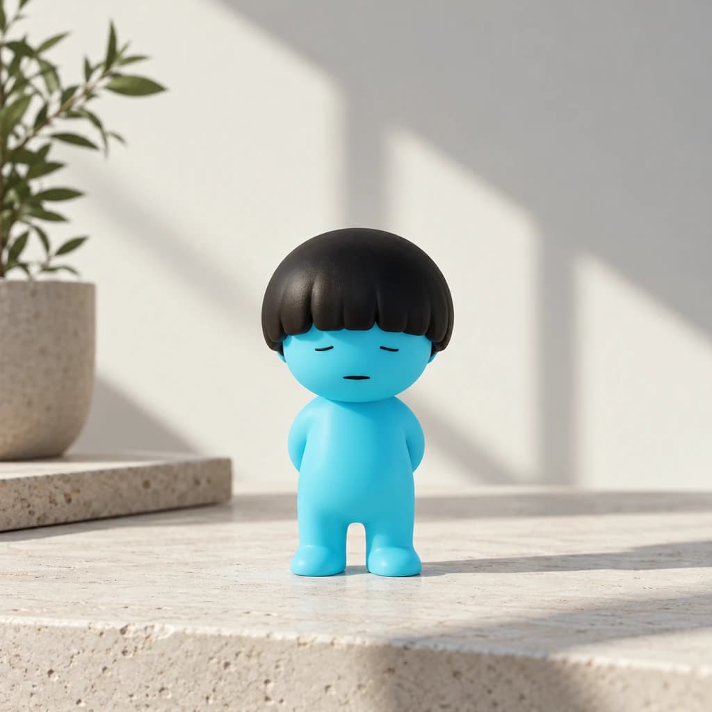 Cyan bowl-cut Mundo on pale stone against a warm white wall with natural geometric window shadows