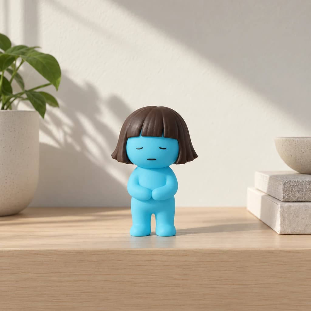 Cyan chestnut-bob Mundo on a pale oak shelf with a cream plaster wall in soft window daylight