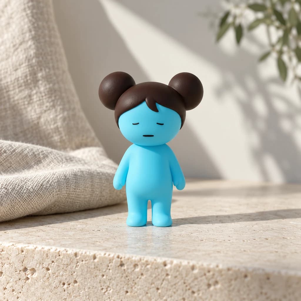 Cyan double-bun Mundo on an ivory stone ledge beside sunlit flax linen