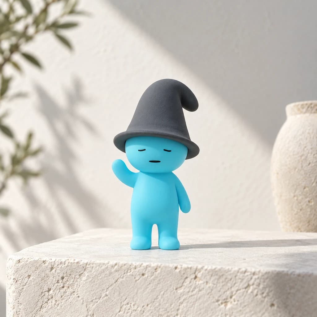 Cyan floppy-hat Mundo on a sunlit warm-white plaster plinth with an off-white limewashed wall