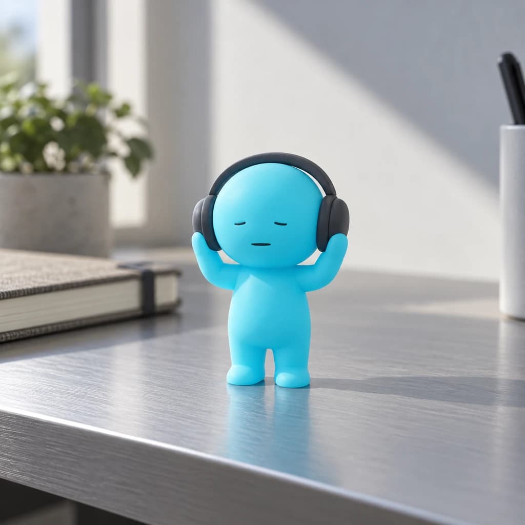 Cyan headphone Mundo on a brushed aluminium desk beside a blurred notebook in clear natural window daylight