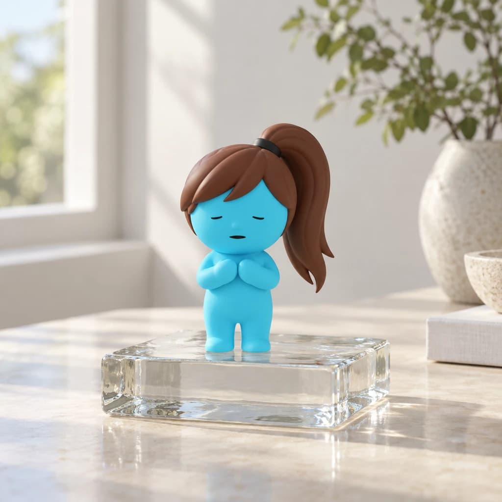 Cyan ponytail Mundo on a clear glass block on an ivory table with natural window-light reflections