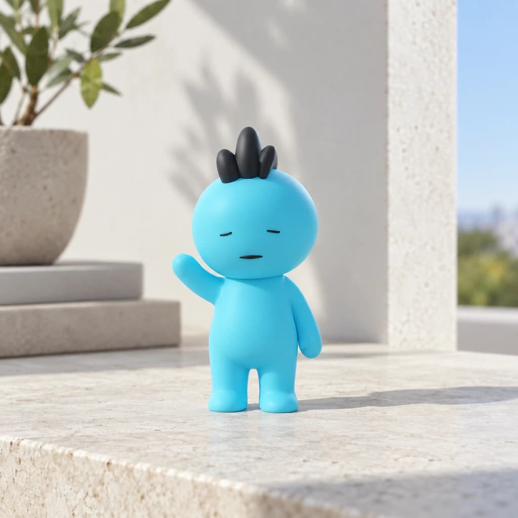 Cyan mohawk Mundo on a pale stone ledge in a bright daylight design studio