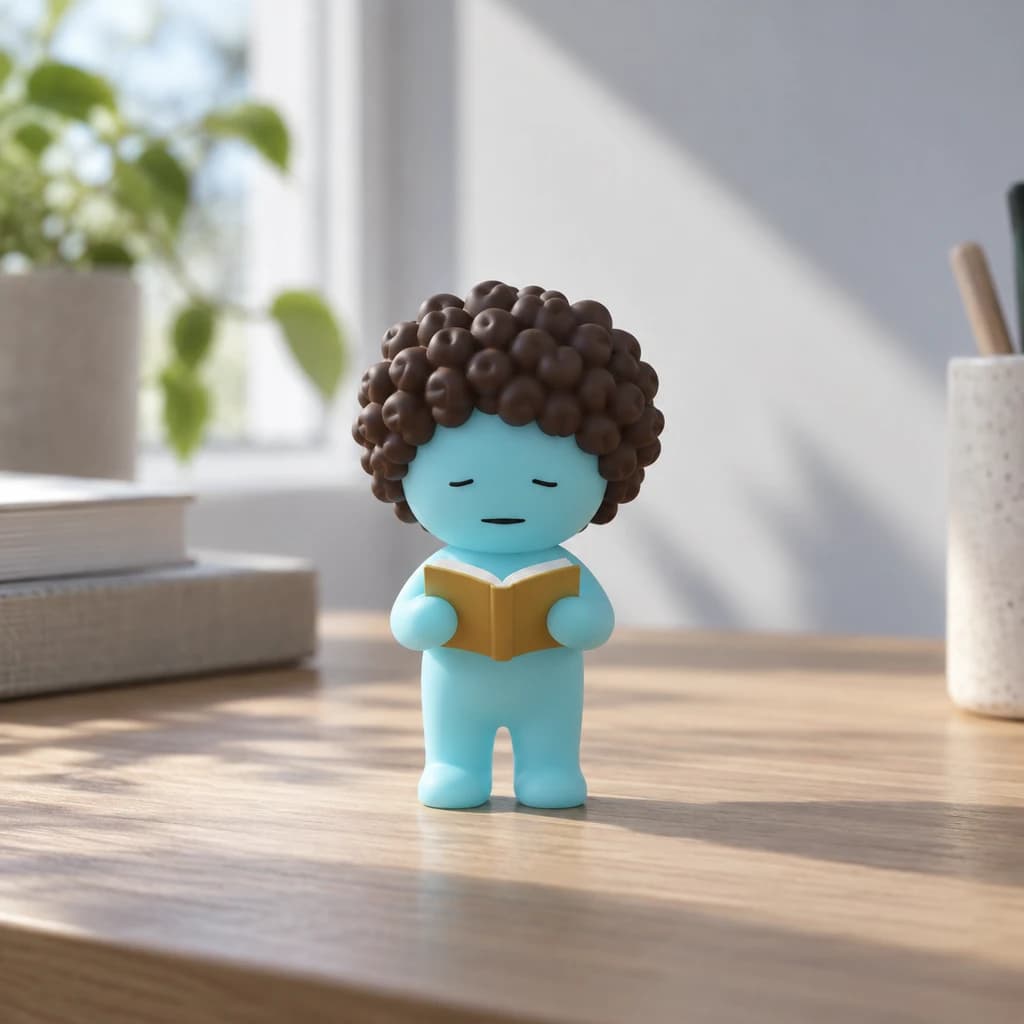 Cyan Mundo with short brown curls reading an ochre book in daylight
