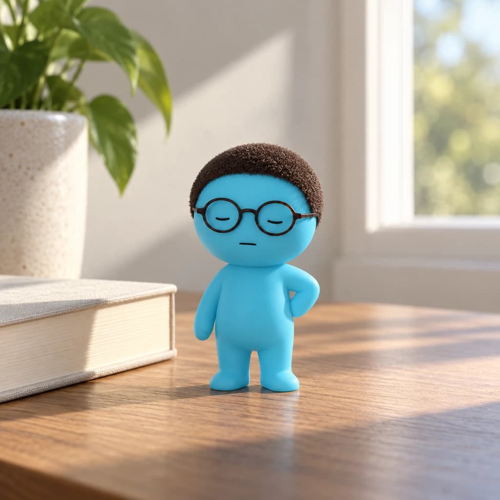Cyan bespectacled Mundo on a warm wooden reading table next to one plain cream book in natural morning window daylight