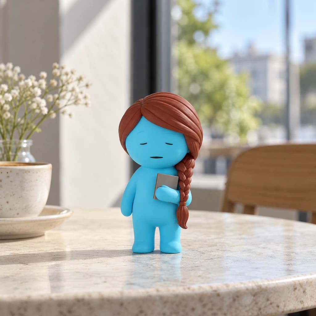 Cyan side-braid Mundo on a pale stone cafe table near a large window in bright daylight