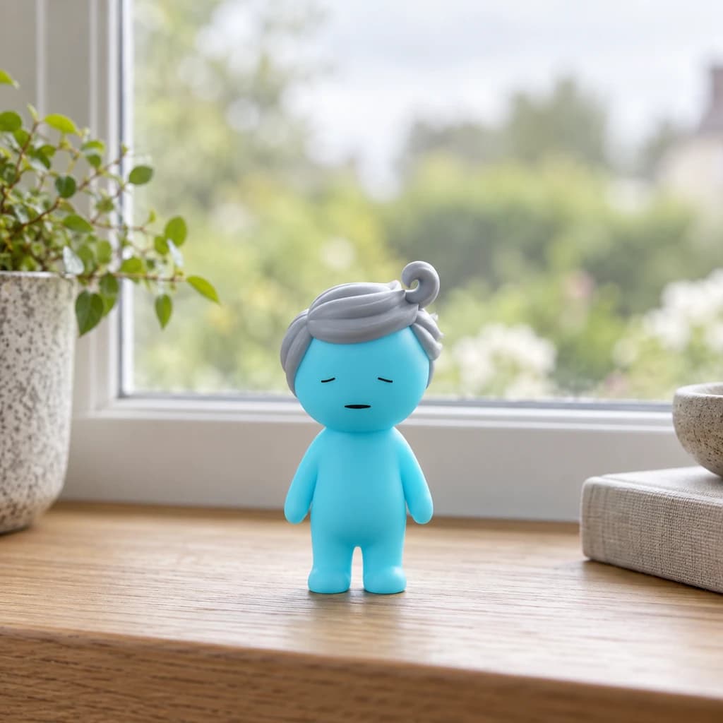 Cyan silver-quiff Mundo on oak windowsill with soft garden bokeh under bright overcast daylight