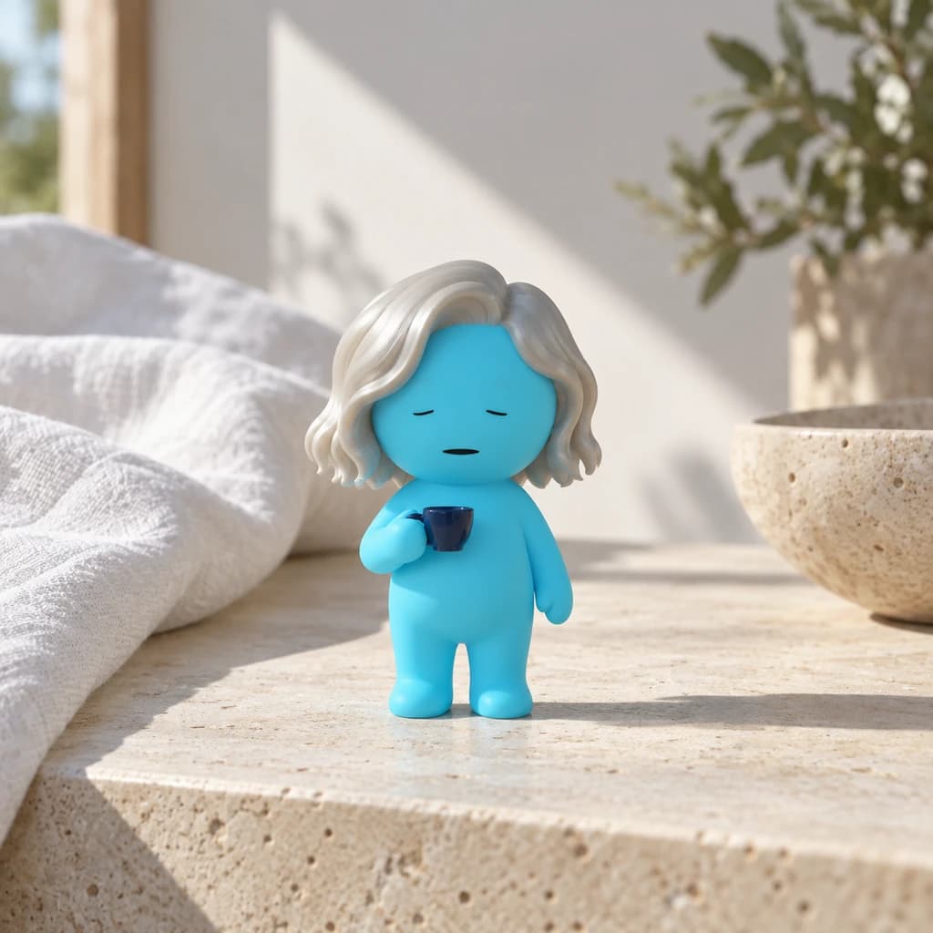 Cyan silver-waves Mundo on cream limestone beside white linen in a quiet sunlit room