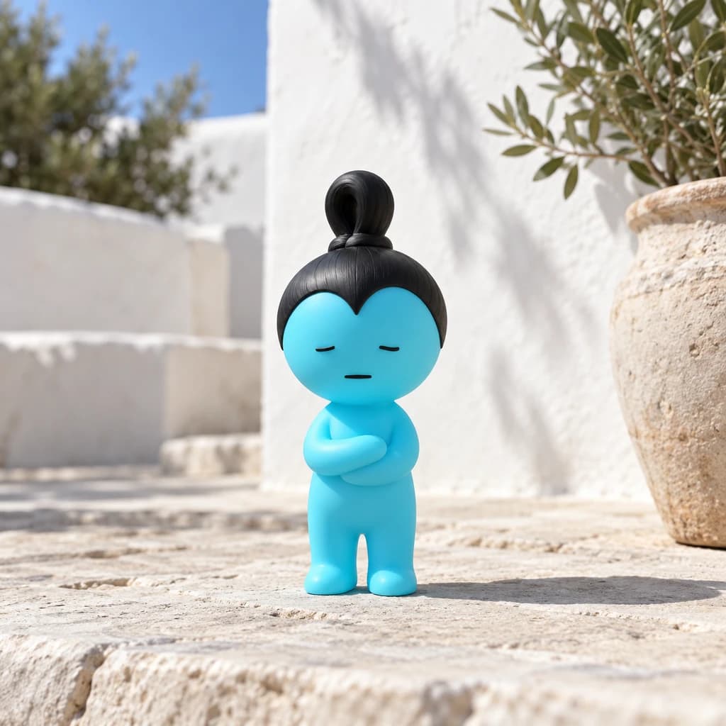 Cyan topknot Mundo on light limestone in a whitewashed courtyard under natural midday sunlight