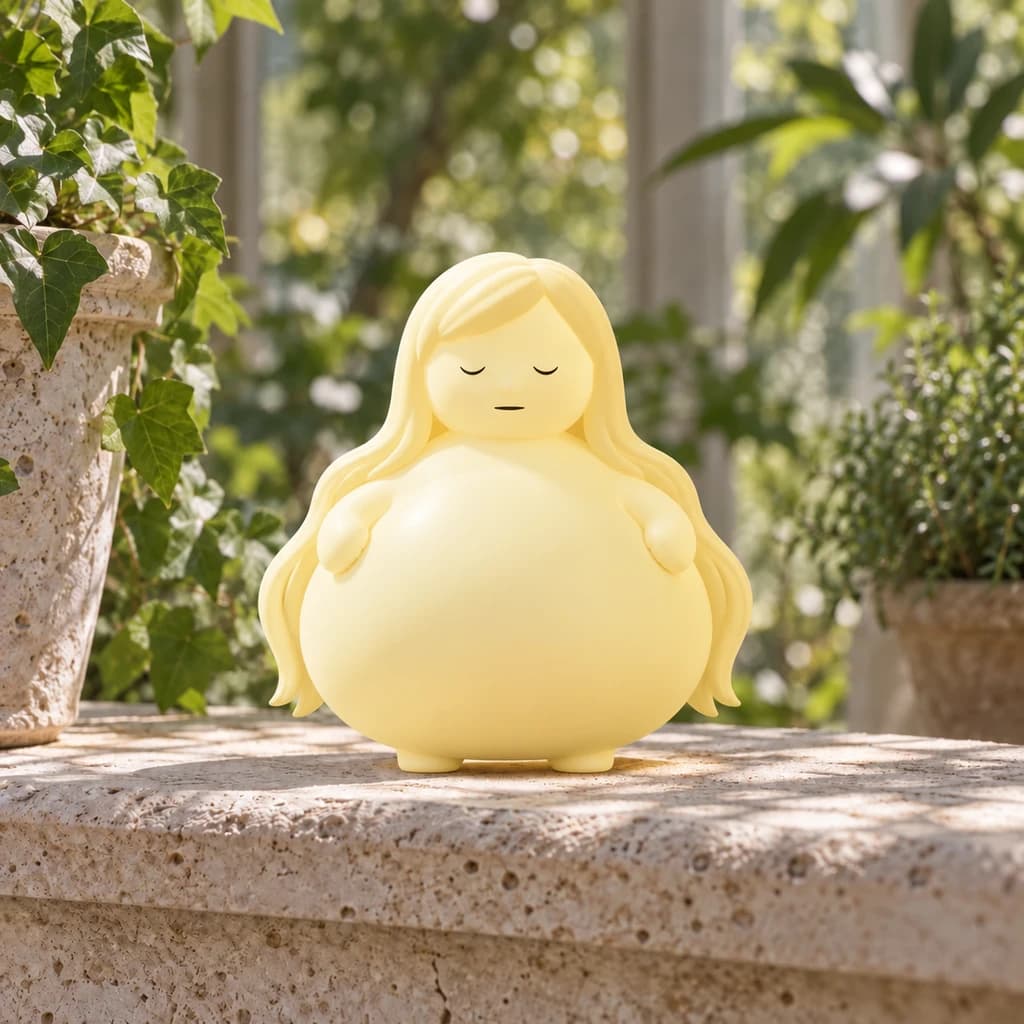 Fat yellow Mundo with long blonde hair and a large round belly in a sunlit conservatory