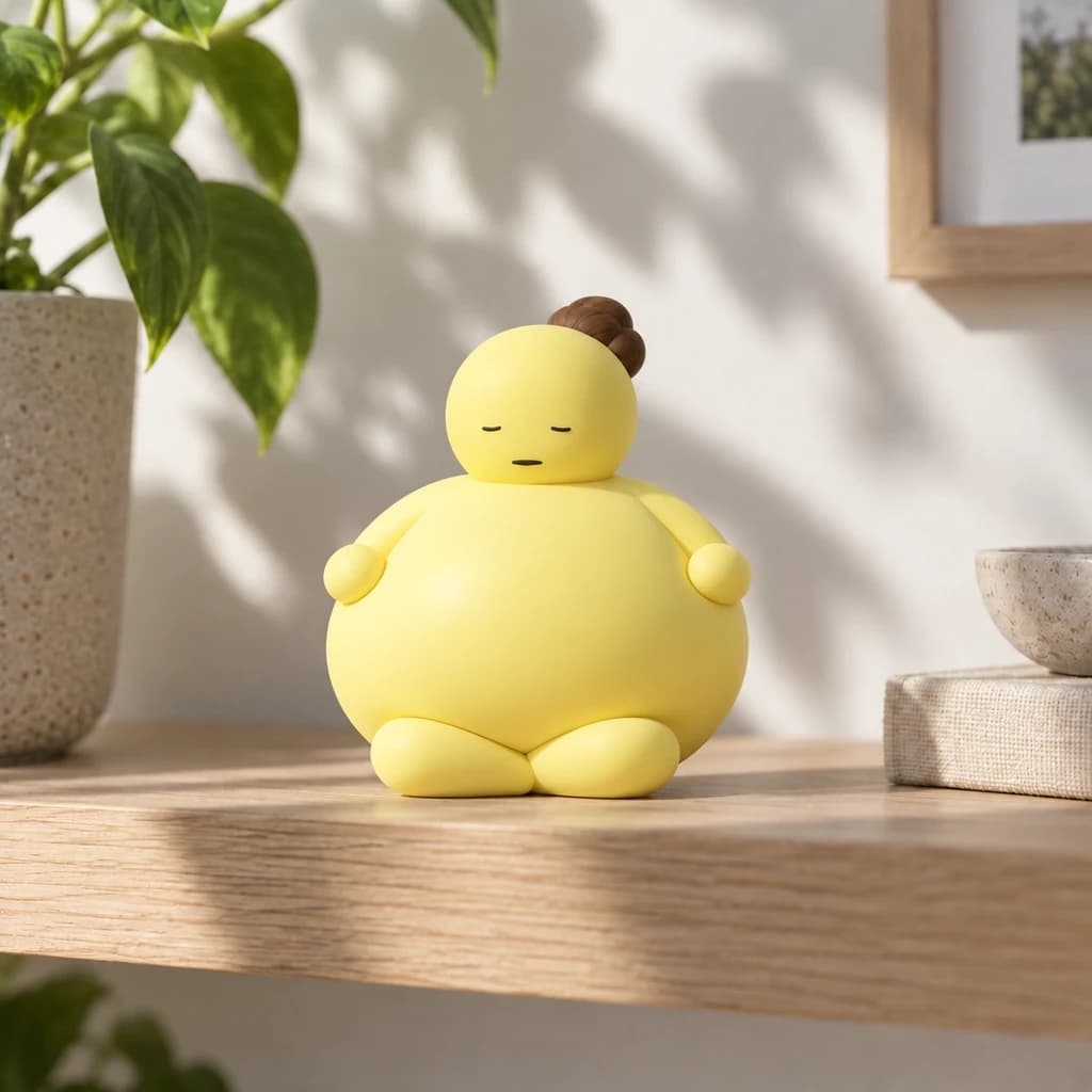 Fat yellow Mundo with a brown bun, meditating on a cream oak shelf in a sunlit room with soft leaf shadows