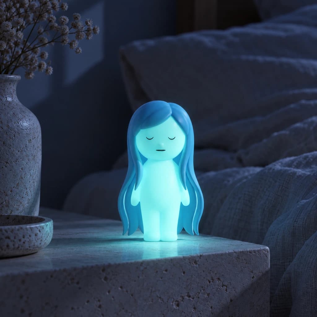 Cyan Mundo with long blue hair glowing at night in the same setting