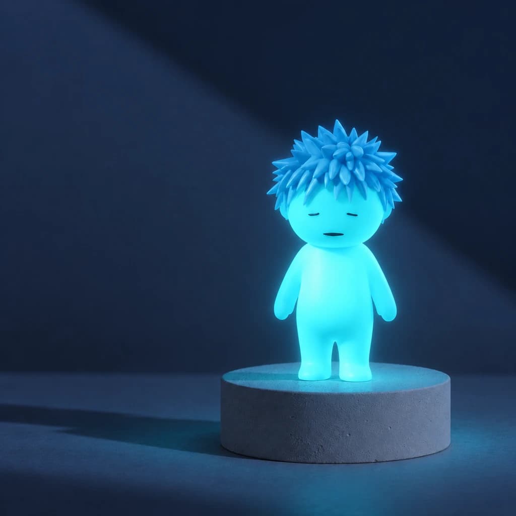 Cyan Mundo with icy-blue spiky hair glowing at night in the same setting
