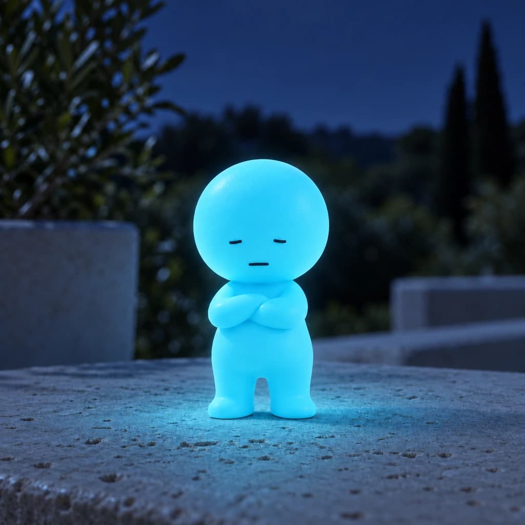 Cyan bald Mundo glowing at night in the same setting