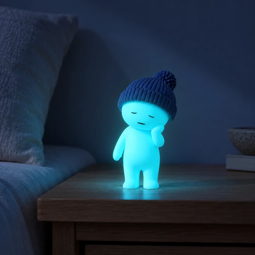 Cyan beanie Mundo glowing at night in the same setting