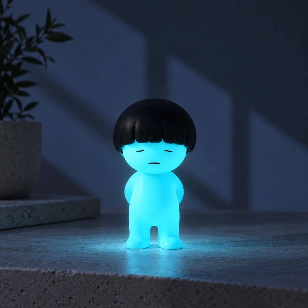 Cyan bowl-cut Mundo glowing at night in the same setting