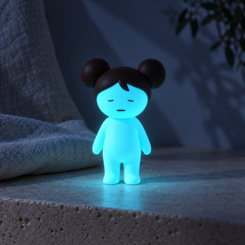 Cyan double-bun Mundo glowing at night in the same setting