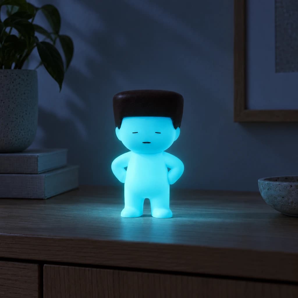 Cyan flat-top Mundo glowing at night in the same setting