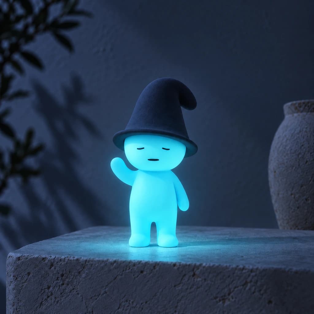 Cyan floppy-hat Mundo glowing at night in the same setting