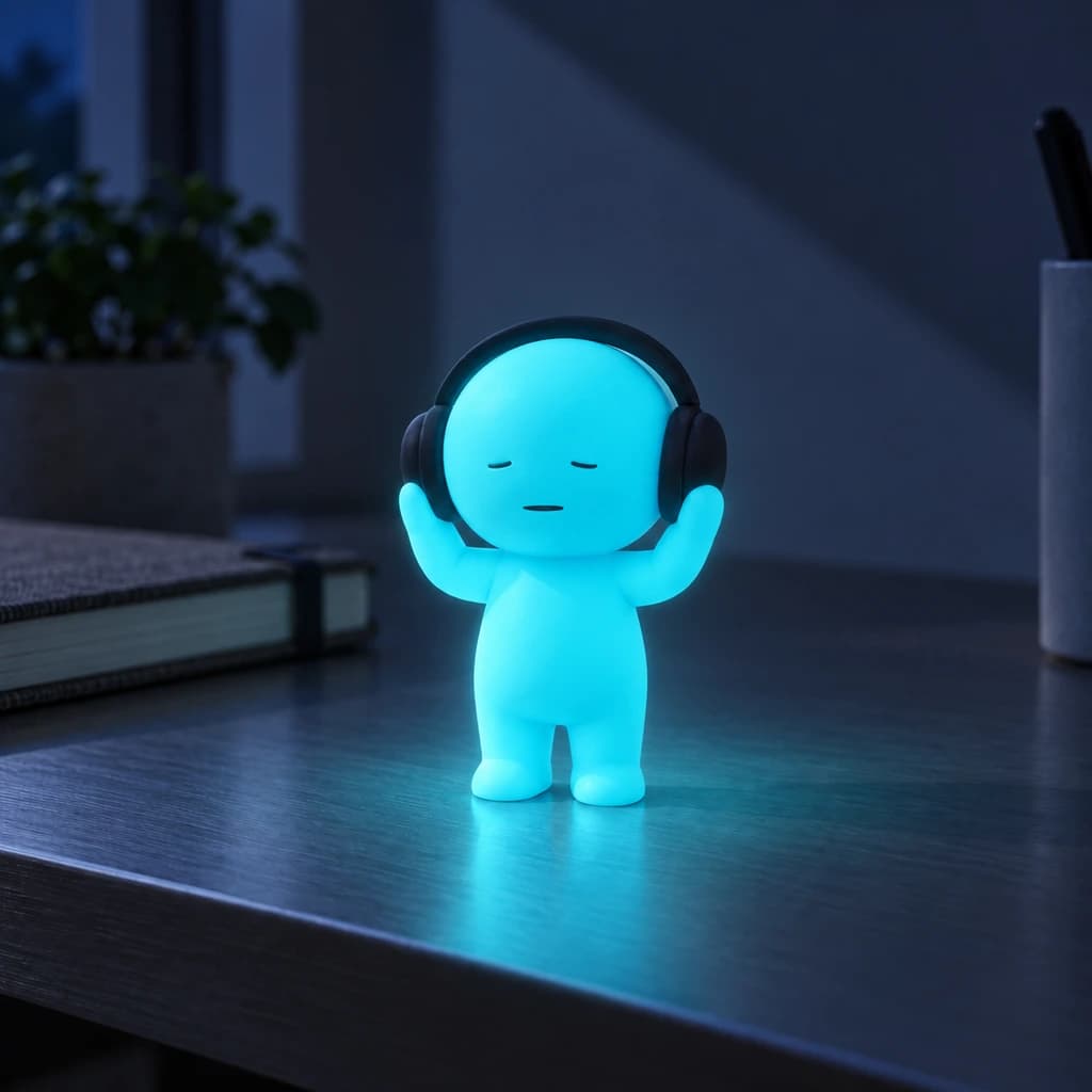 Cyan headphone Mundo glowing at night in the same setting