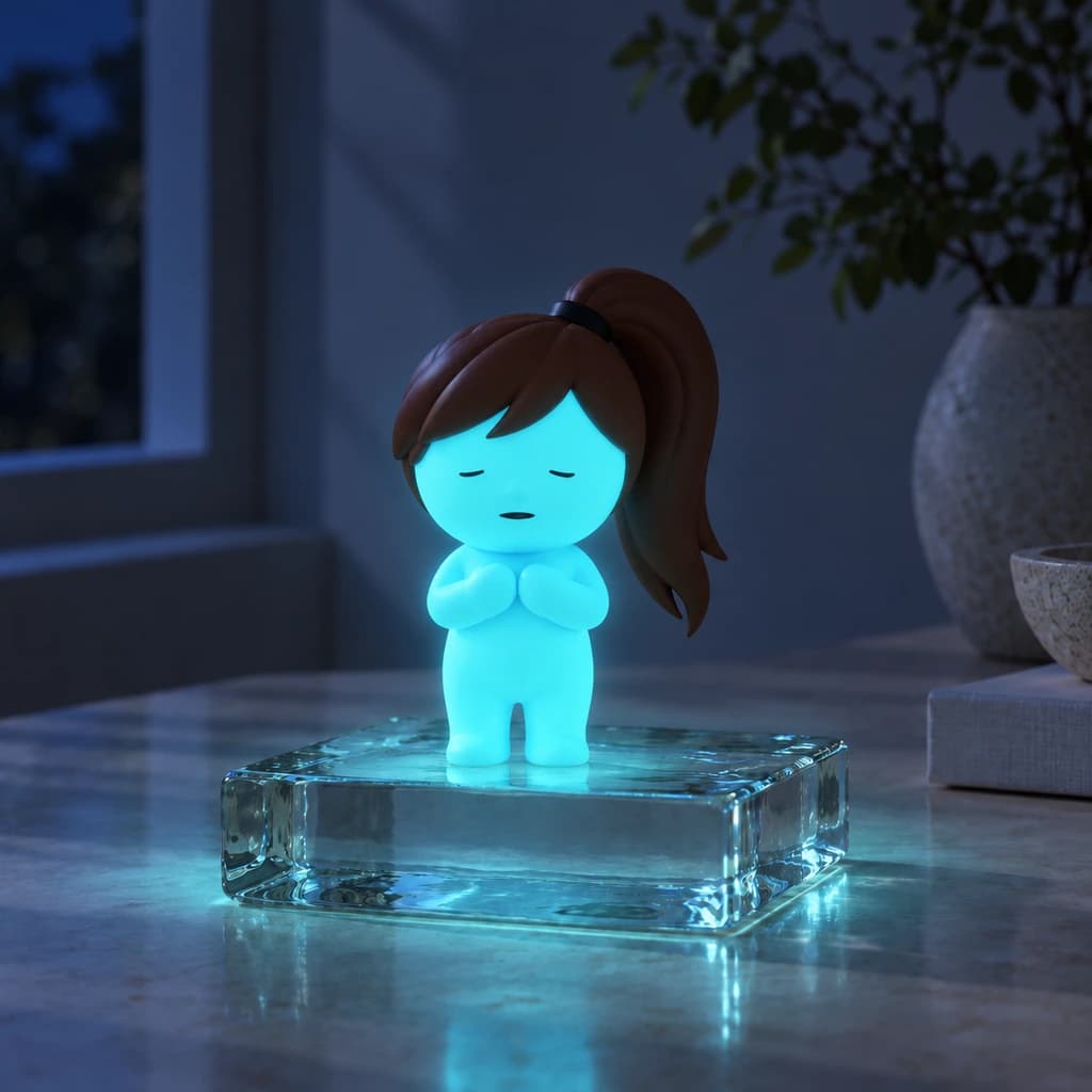 Cyan ponytail Mundo glowing at night in the same setting