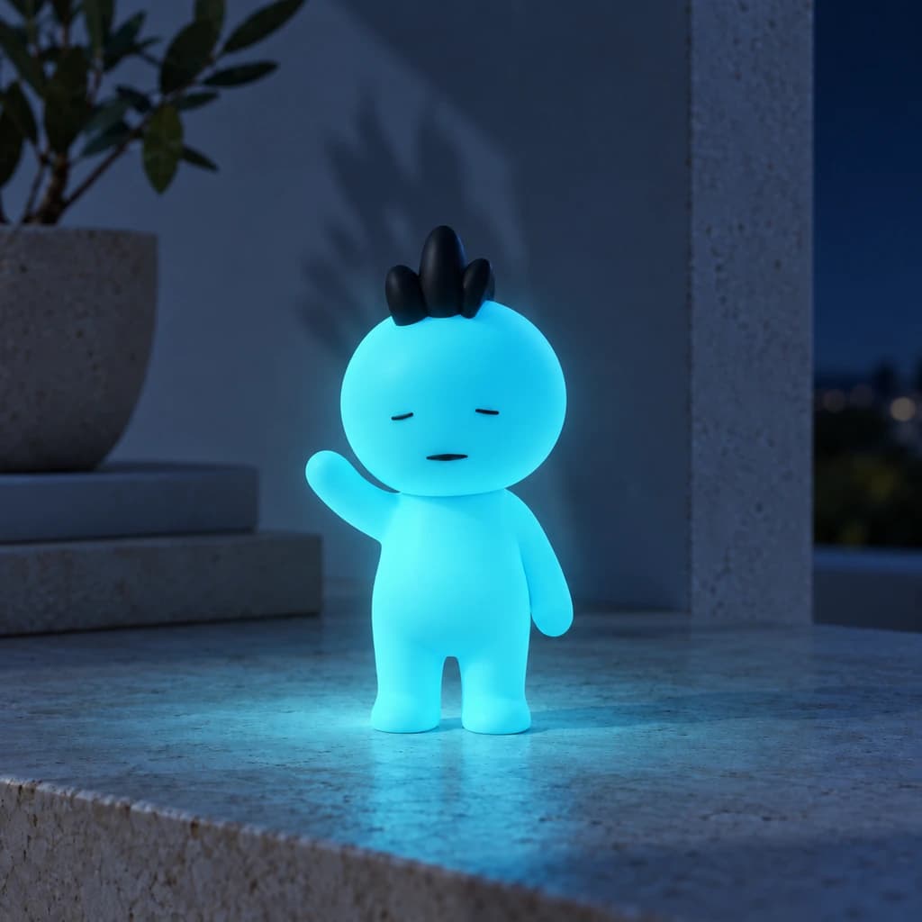 Cyan mohawk Mundo glowing at night in the same setting