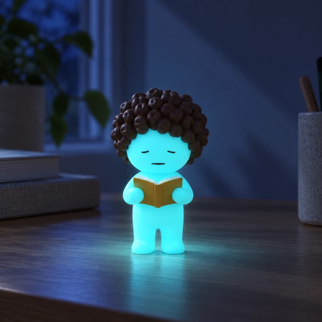Cyan Mundo with short brown curls reading an ochre book glowing at night in the same setting