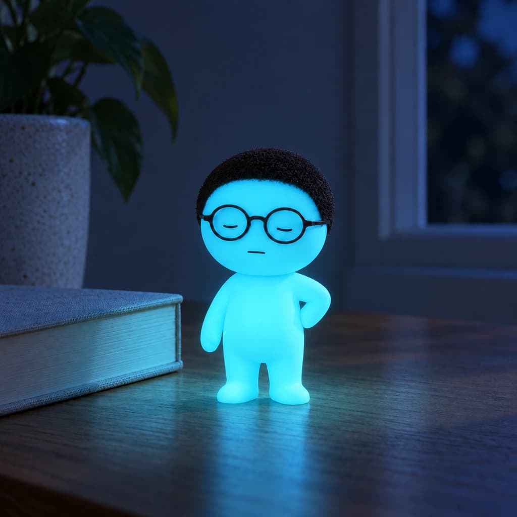 Cyan bespectacled Mundo glowing at night in the same setting
