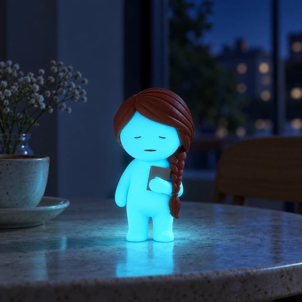 Cyan side-braid Mundo glowing at night in the same setting