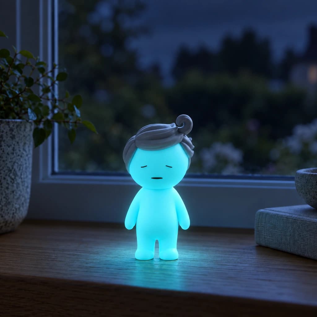 Cyan silver-quiff Mundo glowing at night in the same setting