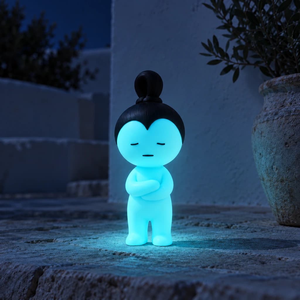Cyan topknot Mundo glowing at night in the same setting
