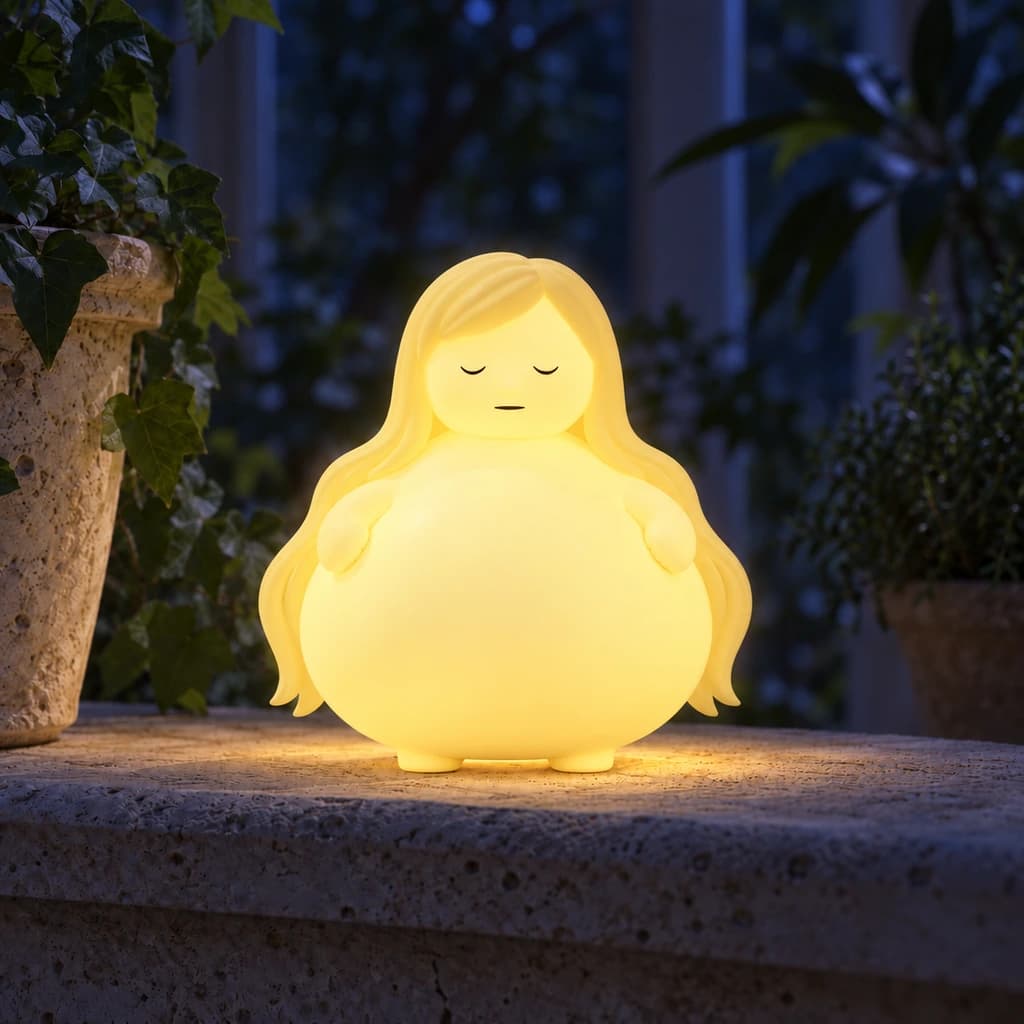 Fat yellow Mundo with long blonde hair and a large round belly glowing at night in the same setting