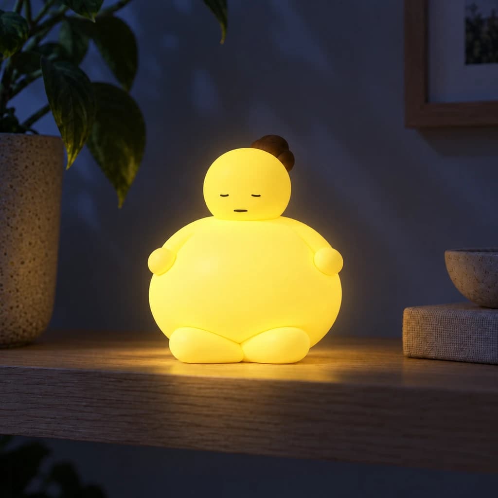 Fat yellow Mundo with a brown bun, meditating glowing at night in the same setting