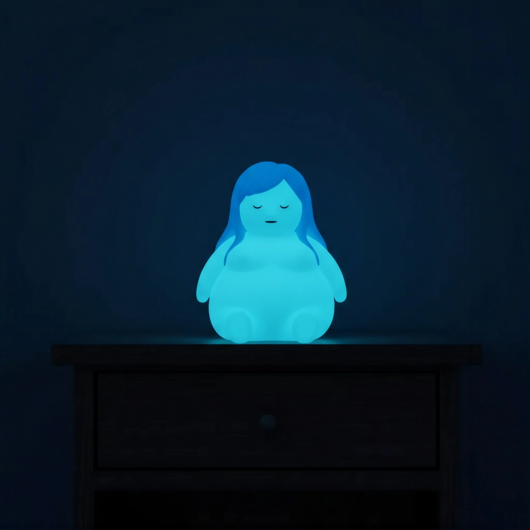 A chunky Mundo glowing on a nightstand